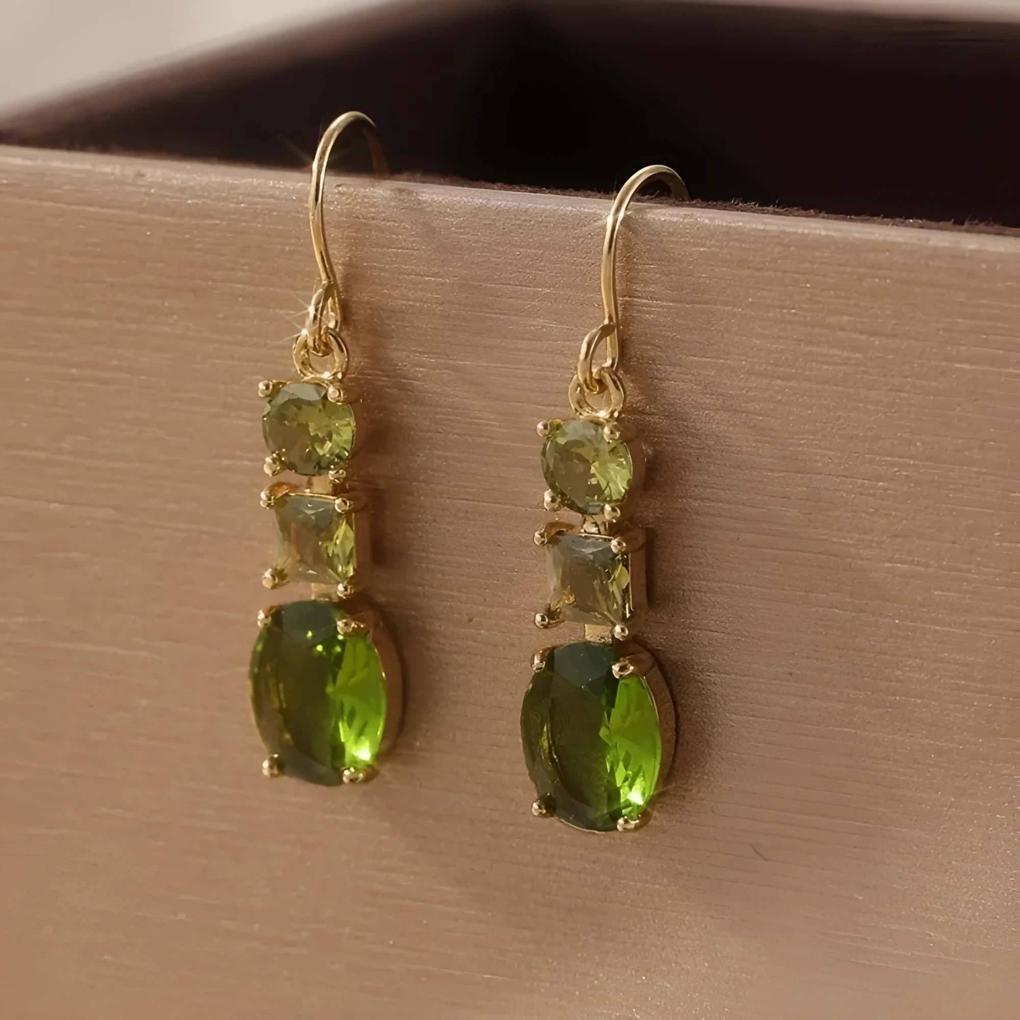 Green geometric copper earrings with quadrilateral shape and retro bohemian style