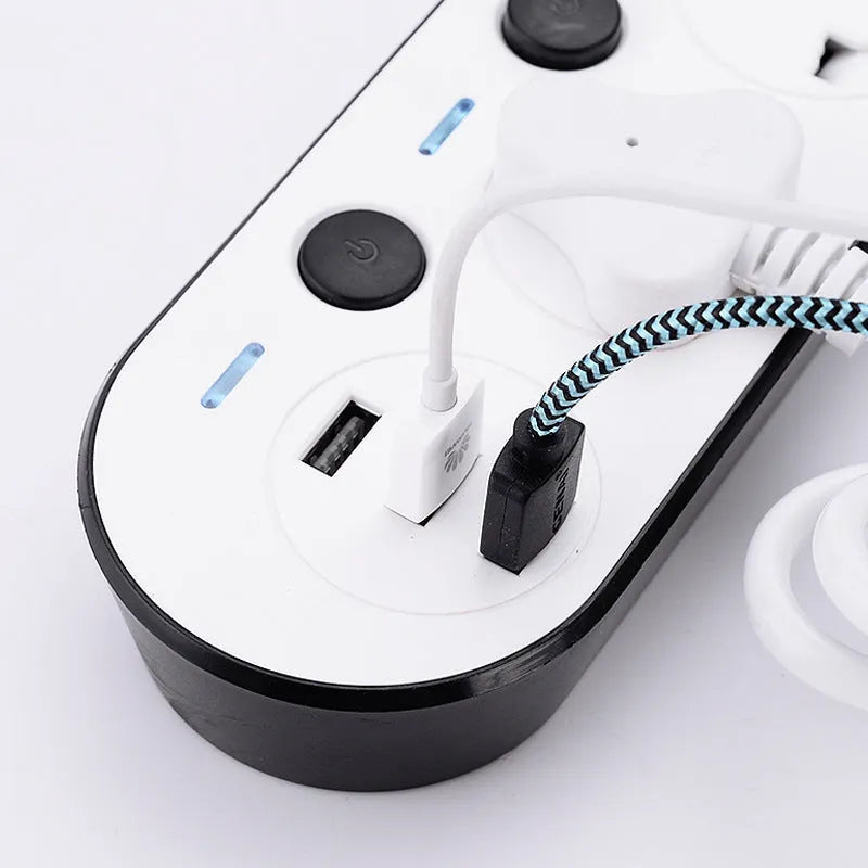Multi-switch power strip with USB ports showing British, European and American plug formats