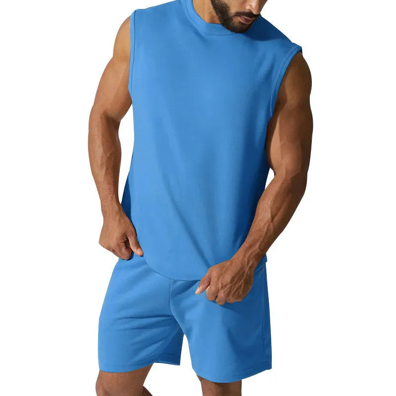 Men's sleeveless sports suit set in cotton blend with matching shorts in solid colour options