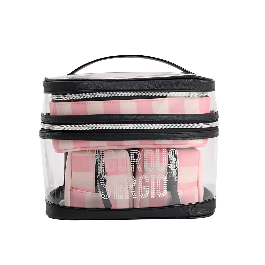 Pink bold stripes buggy makeup bag with floral pattern and European-American retro style