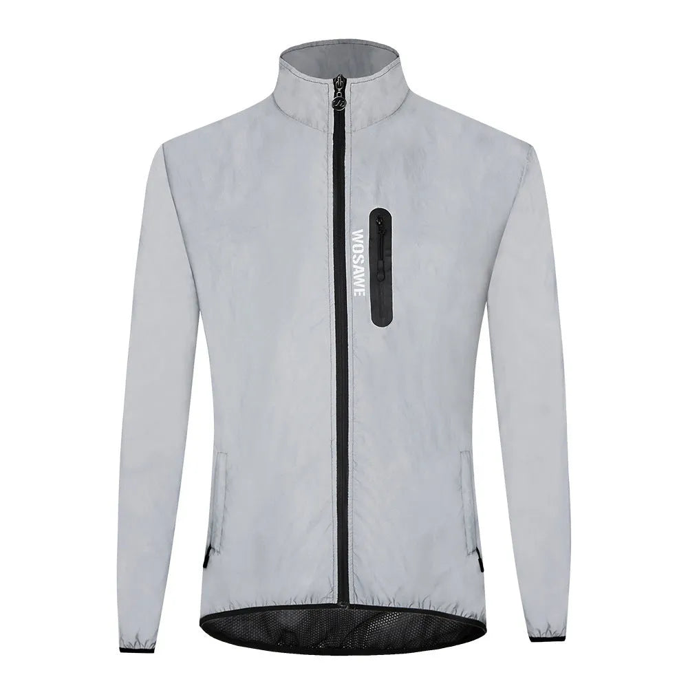 Waterproof polyester long sleeved windproof top in silver colour showing European sizing options