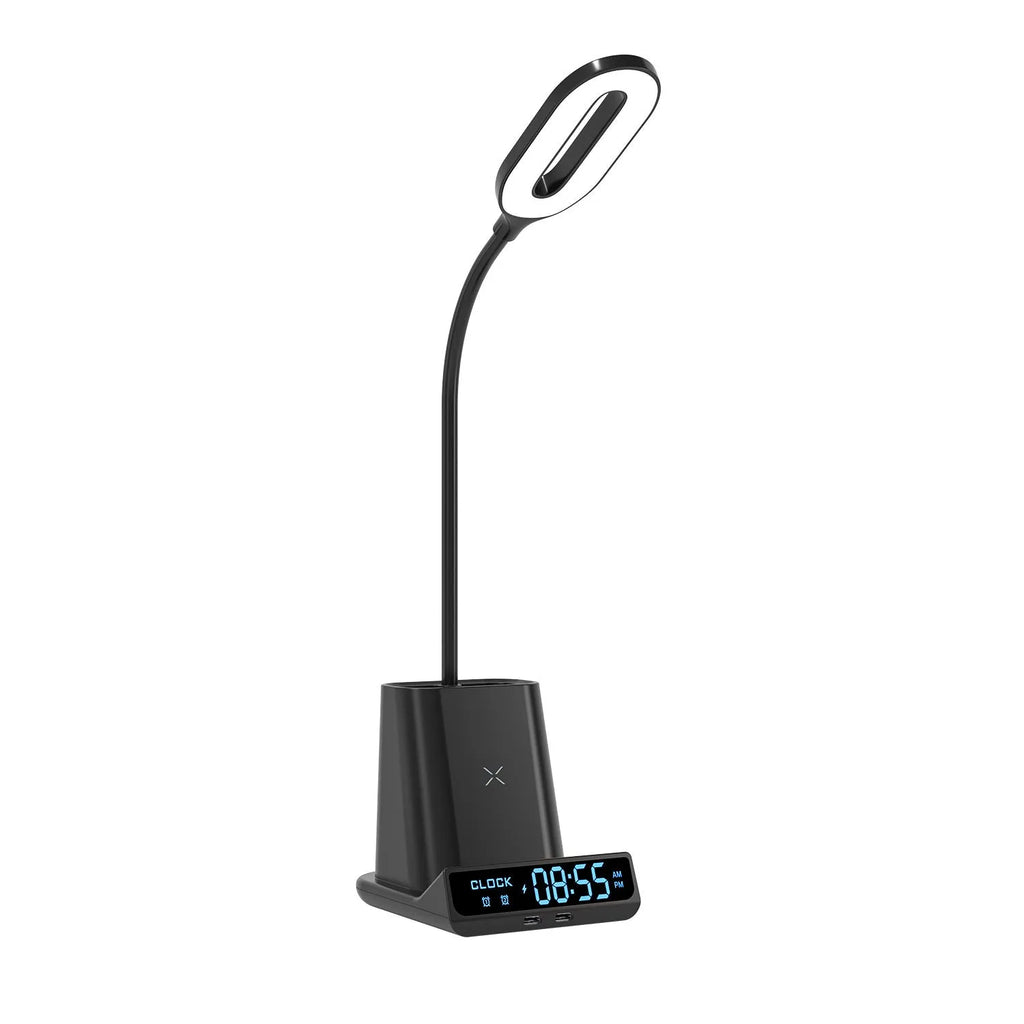 Wireless charging lamp with pen holder storage compartments in black modern design