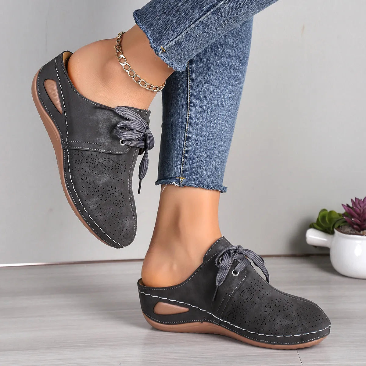 Women's summer baotou lace-up slippers with hollow out wedge design in various colours