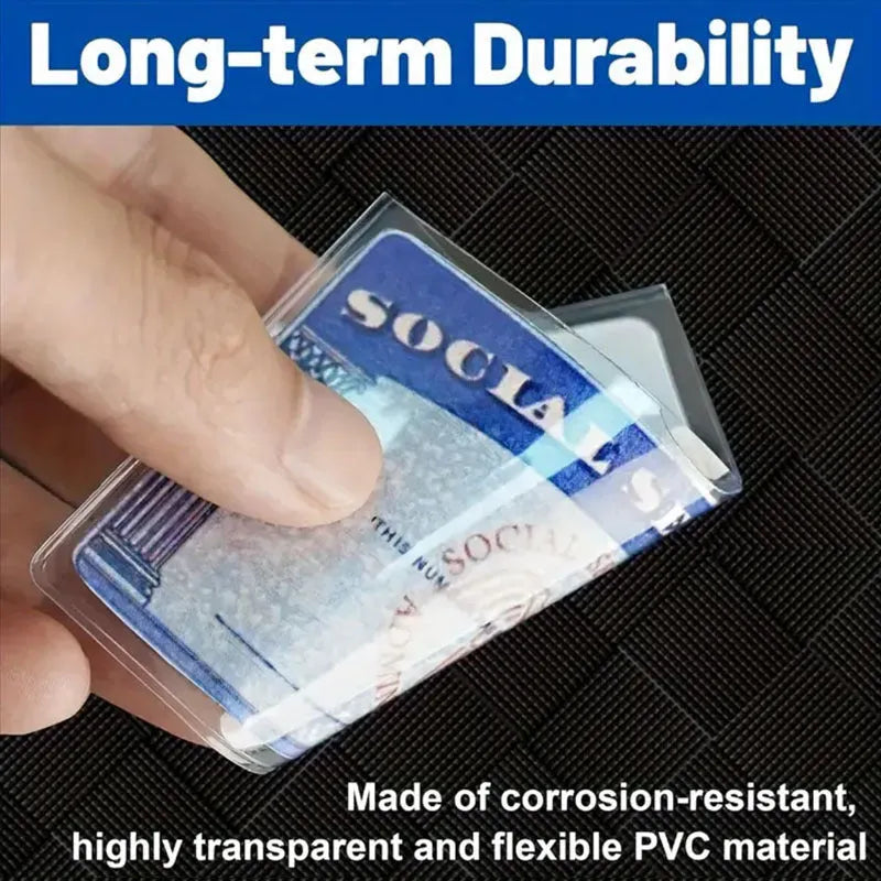 Thickened transparent PVC social security card holder showing dimensions 9.7cm by 5.9cm.