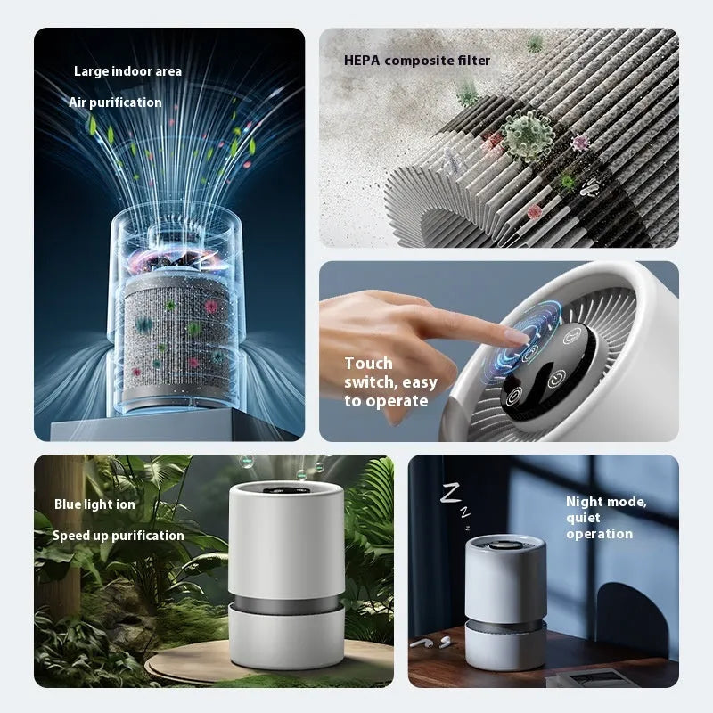 White simple style desktop air purifier with USB cable on a desk