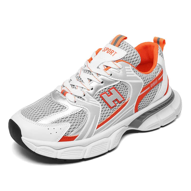 Men's mesh running shoes in black, white grey, or white orange with plastic soles