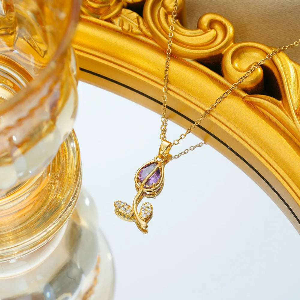 Women's zircon tulip pendant necklace with flower-shaped design on adjustable O-ring chain