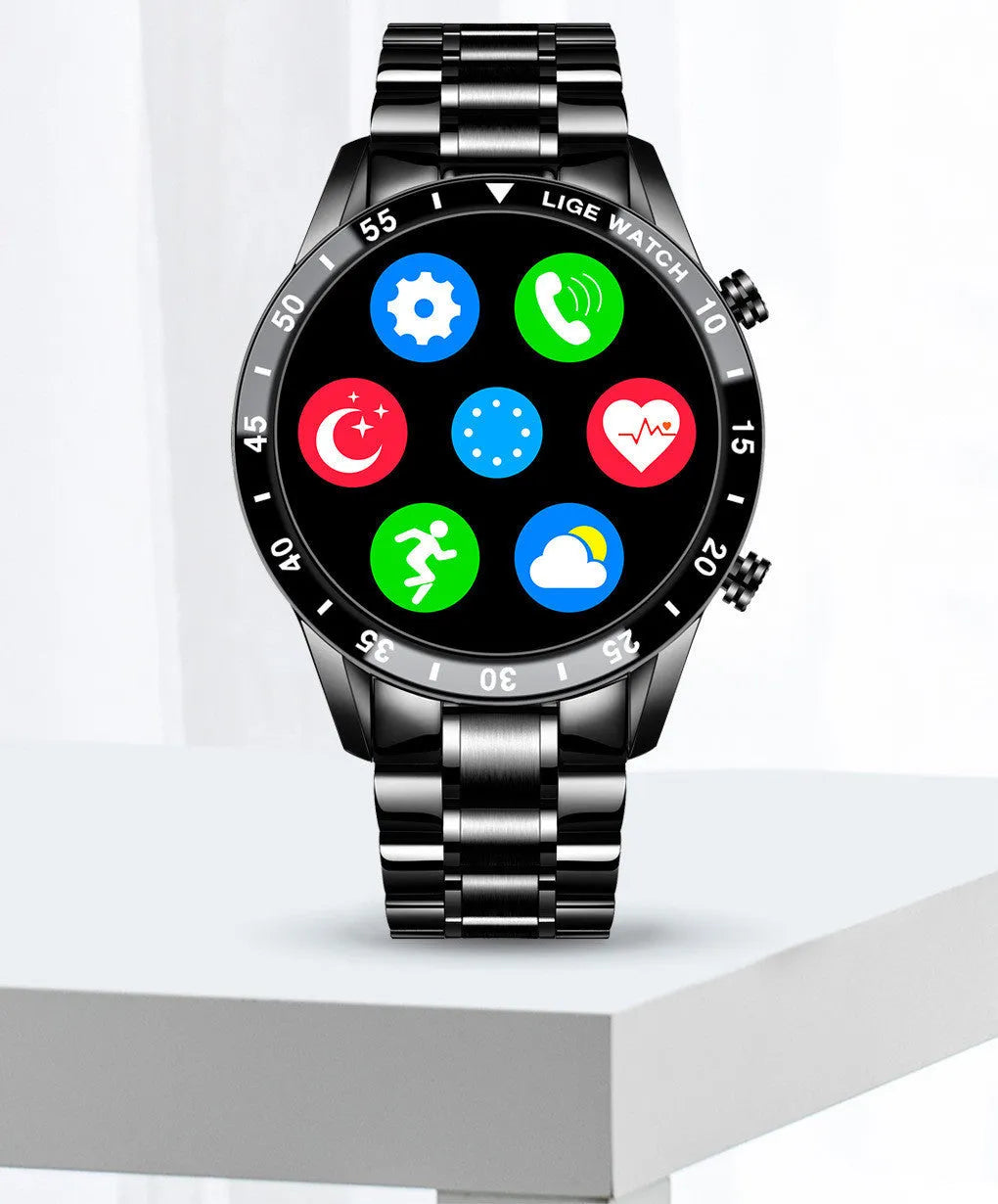 Stainless steel smart watch with black wristband and 1.3-inch touch screen display showing step count