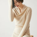 Women's solid colour V-neck cashmere sweater top in Elegant Camel with long sleeves