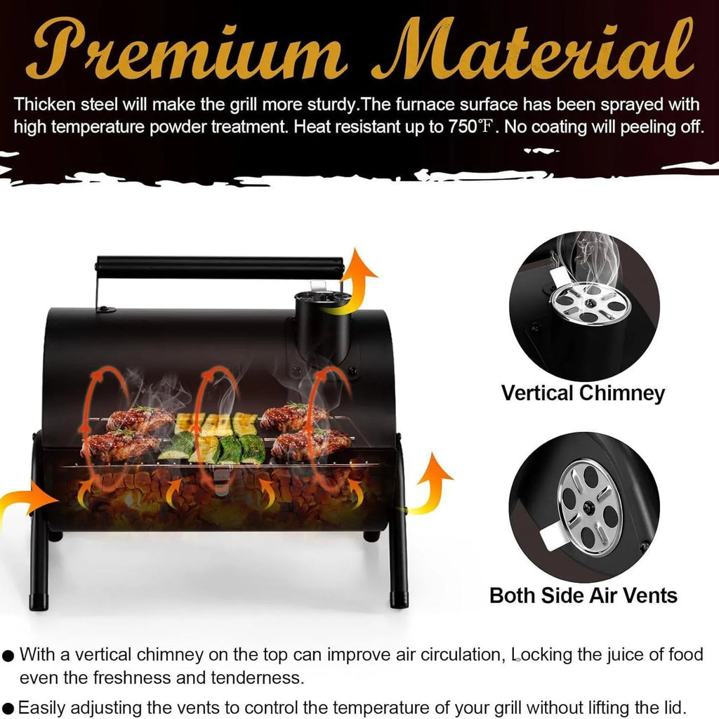 Small folding desktop charcoal barbecue smoking device with grill shown in open cooking position