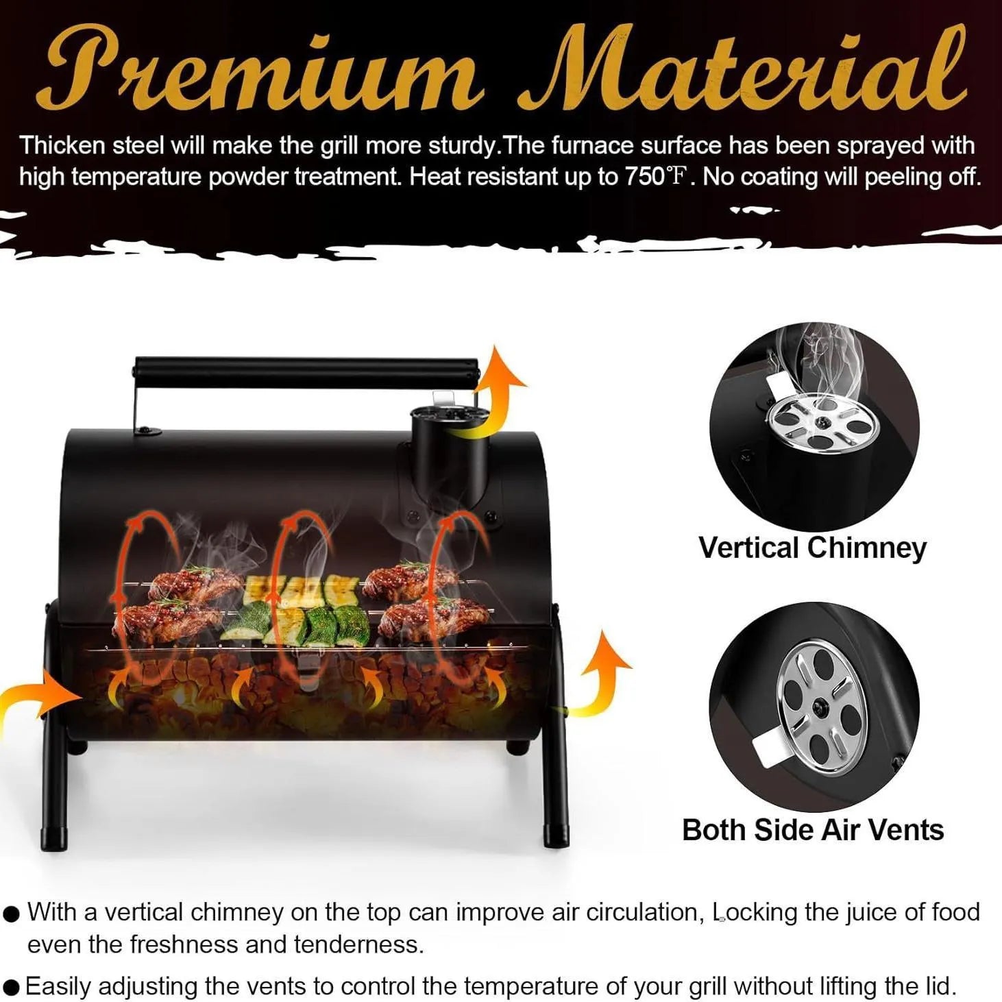 Small folding desktop charcoal barbecue smoking device with grill shown in open cooking position