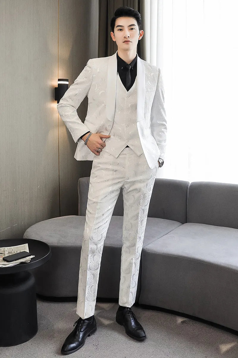 Men's slim fit three-piece wedding suit set in white and black with embossed fabric, jacket, vest, and trousers