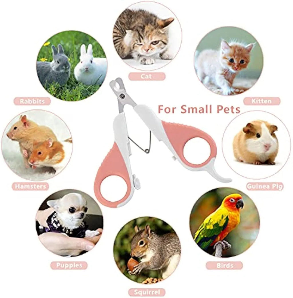 Grey and pink angled blade cat nail clippers with safety guard and non-slip handles for small pets.