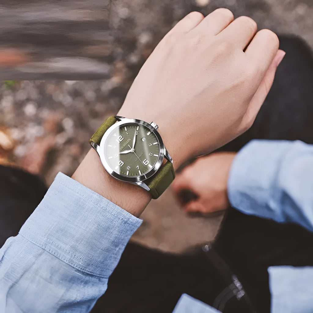 Men's automatic mechanical watch with leather strap showing black shell beige dial and silver army green options