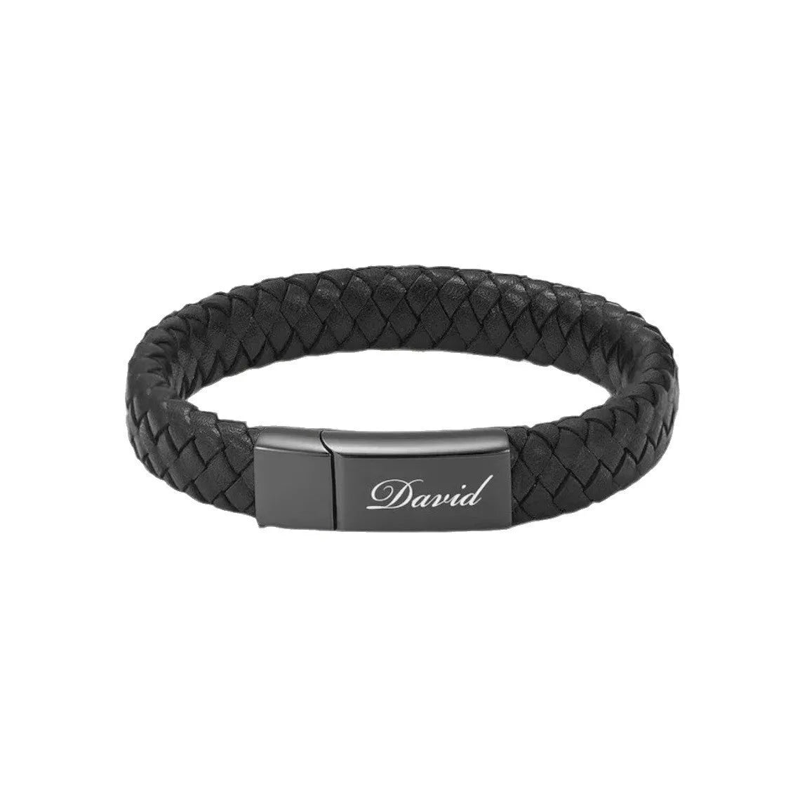Black stainless steel and leather cinerary bracelet with engraved text, presented in a gift box.