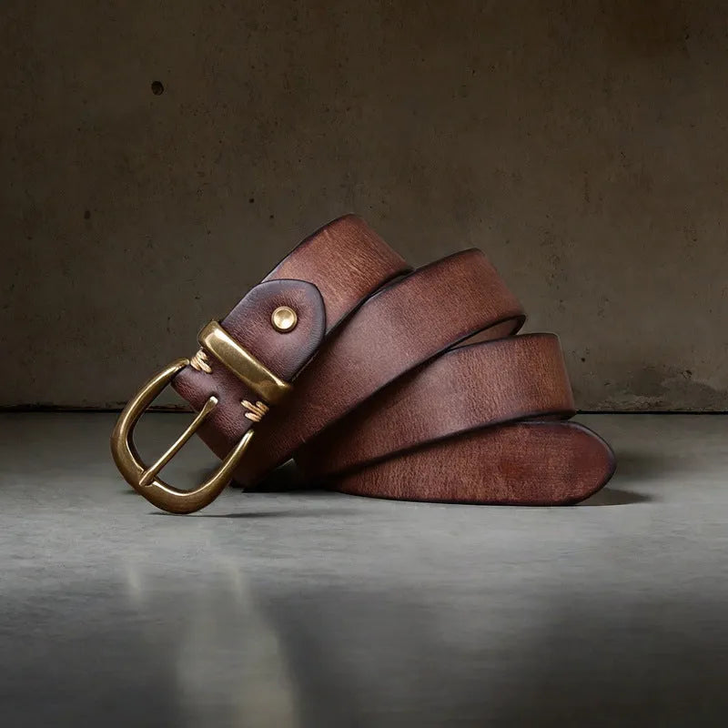 Men's casual jeans belt in cattlehide leather with copper pin buckle in black, brown, or khaki.