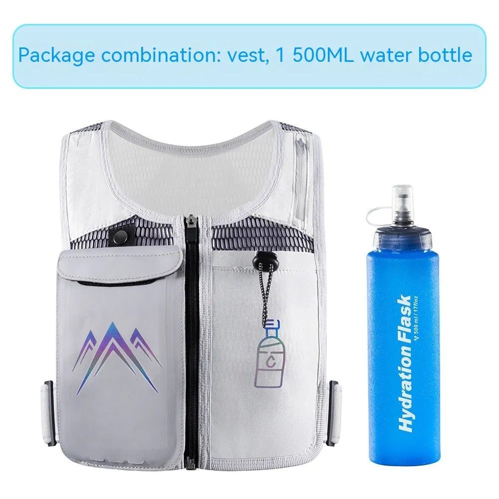 Classic black running vest with integrated phone pocket and detachable 500ml water kettle on a manikin.