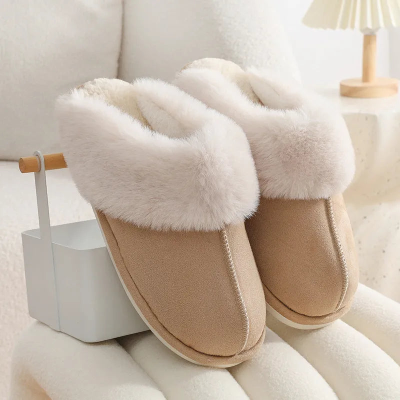 Women's winter plush slippers with artificial wool lining and non-slip PVC soles in various colours