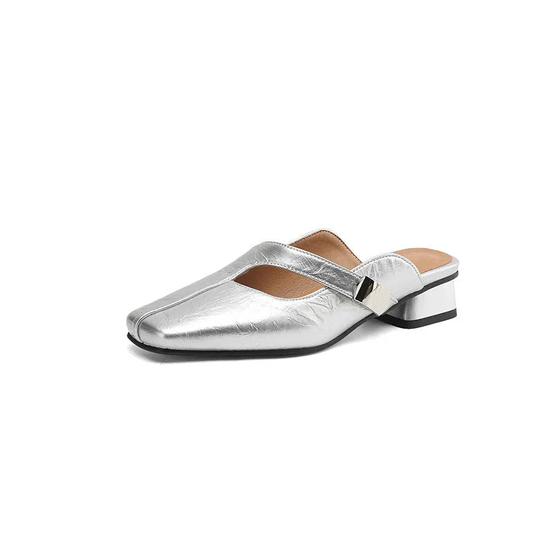 British style square toe slippers in black, beige or silver with low heel and casual design