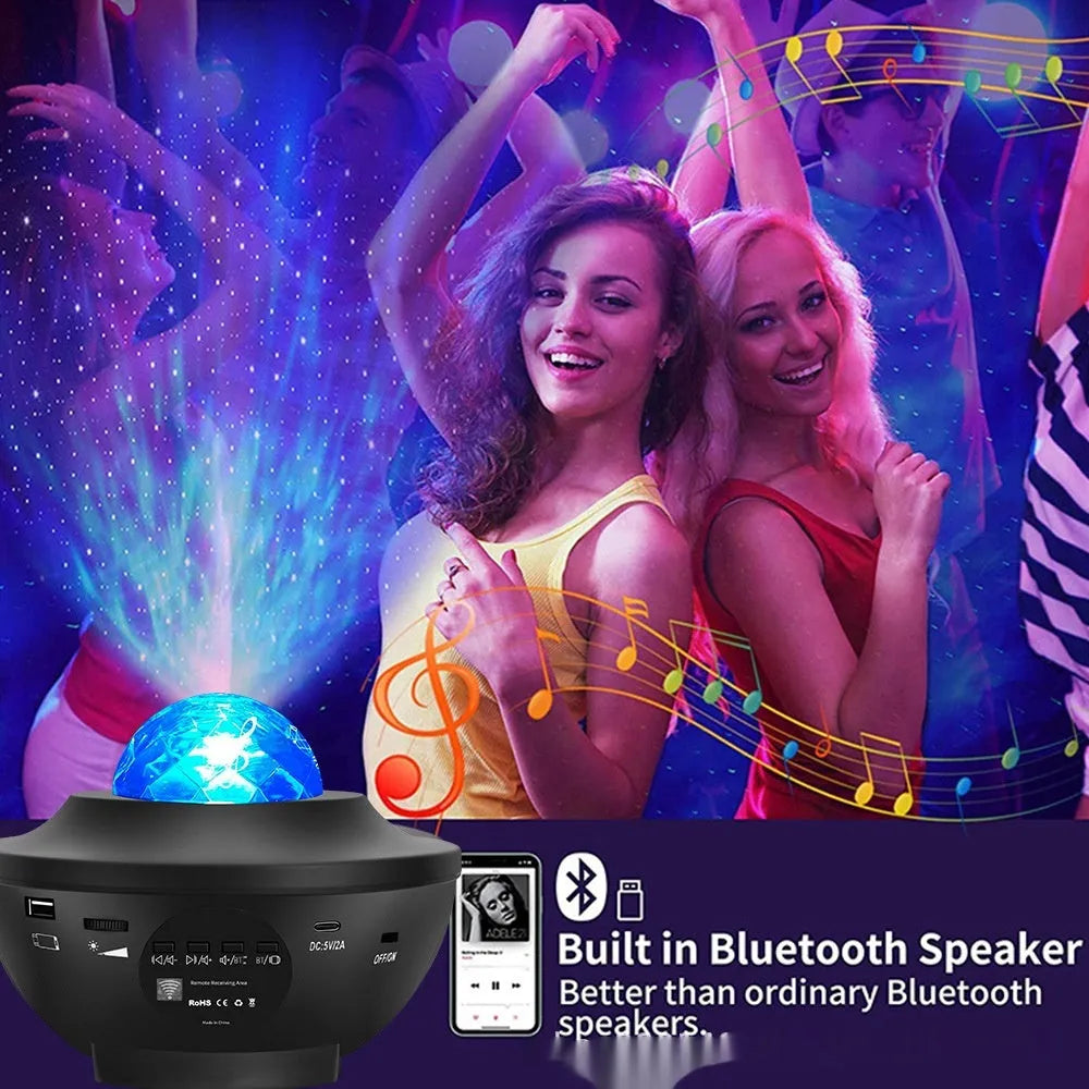 Black bowl-shaped star projection lamp with laser effects and Bluetooth connectivity on wooden desk
