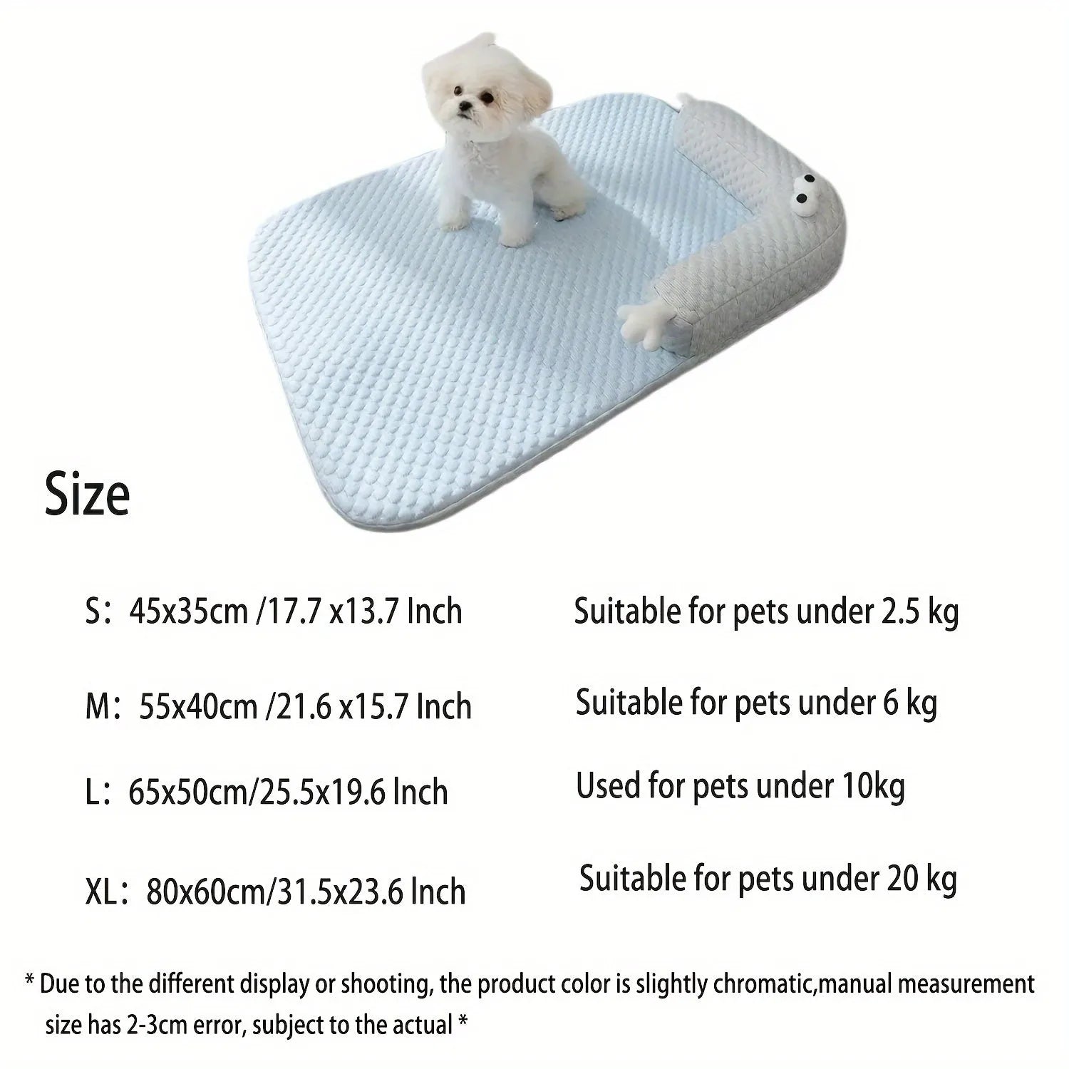 Blue pet cooling mat with big-eyed monster design on a wooden floor, shown in large (L) size.