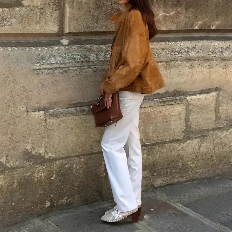European and American retro style loose fit solid colour polyester jacket with long sleeves.