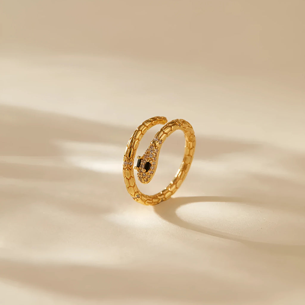 Adjustable snake-shaped copper index finger ring with 18K gold colour retention
