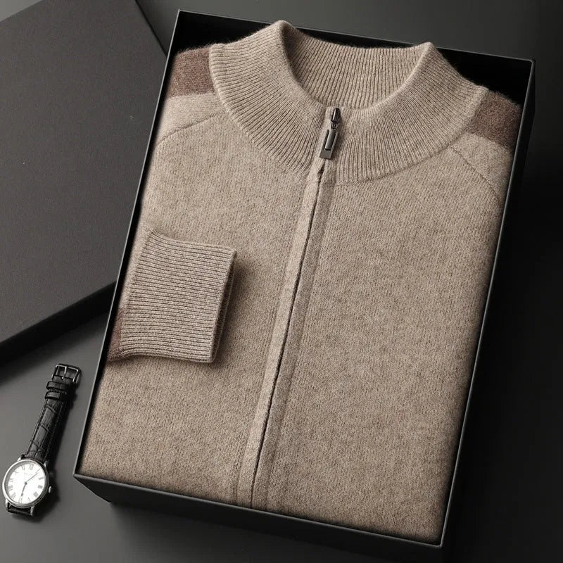 Men's cashmere wool blend cardigan suit with half turtleneck zipper in camel colour