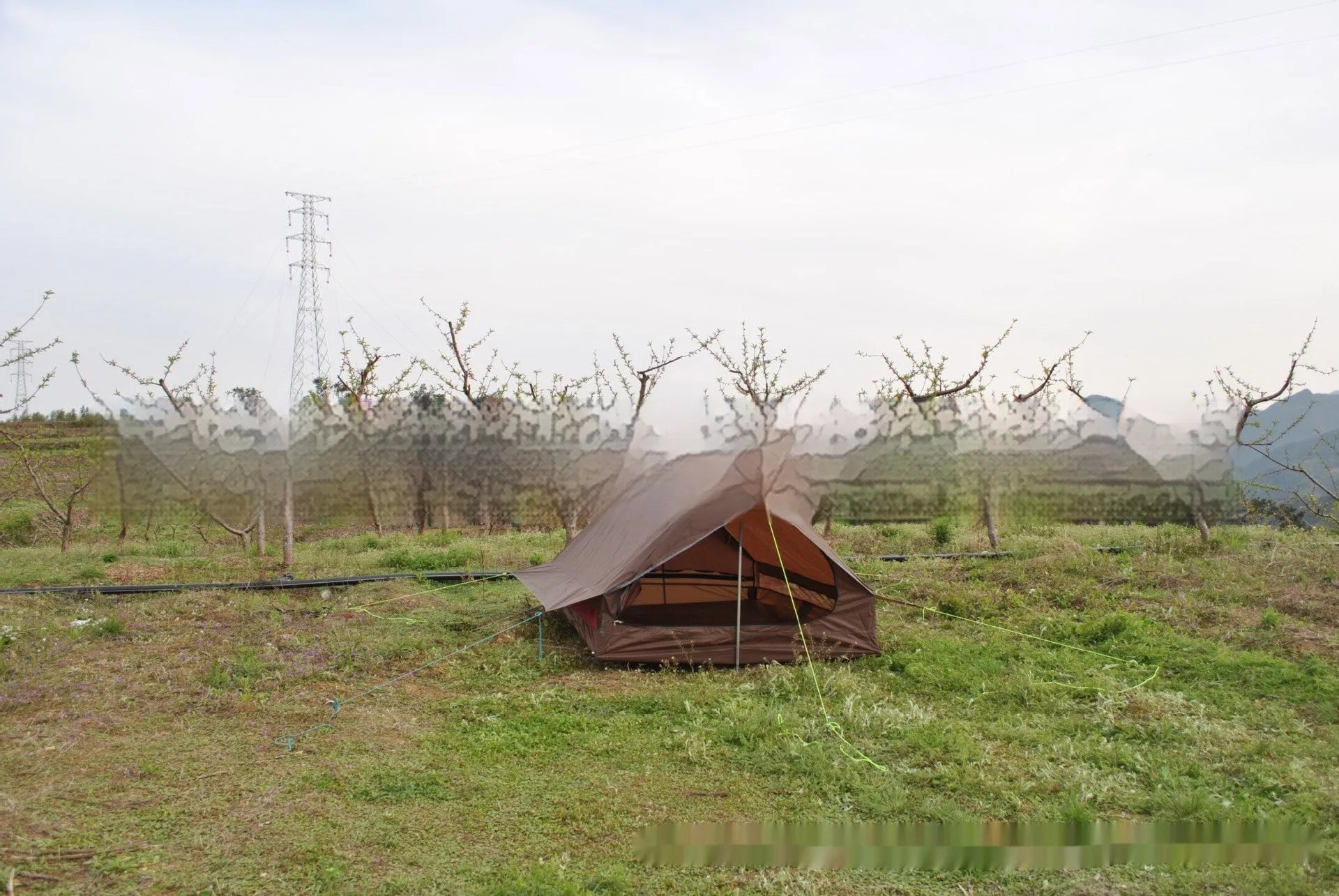 Brown or white A-line pole-free cabin tent for 2-3 people with hiking cane support