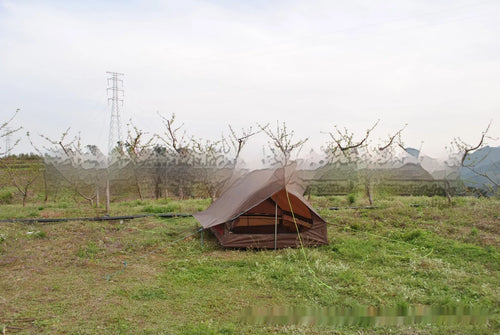 Brown or white A-line pole-free cabin tent for 2-3 people with hiking cane support