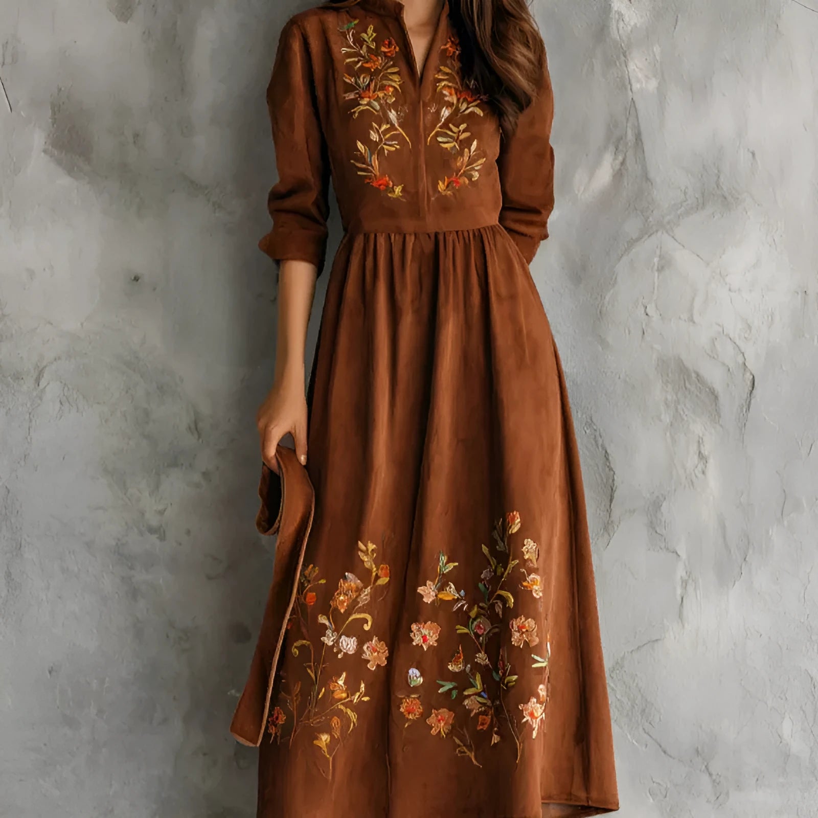 Brown polyester midi dress with vintage floral embroidery, shown in a leisure style cut.