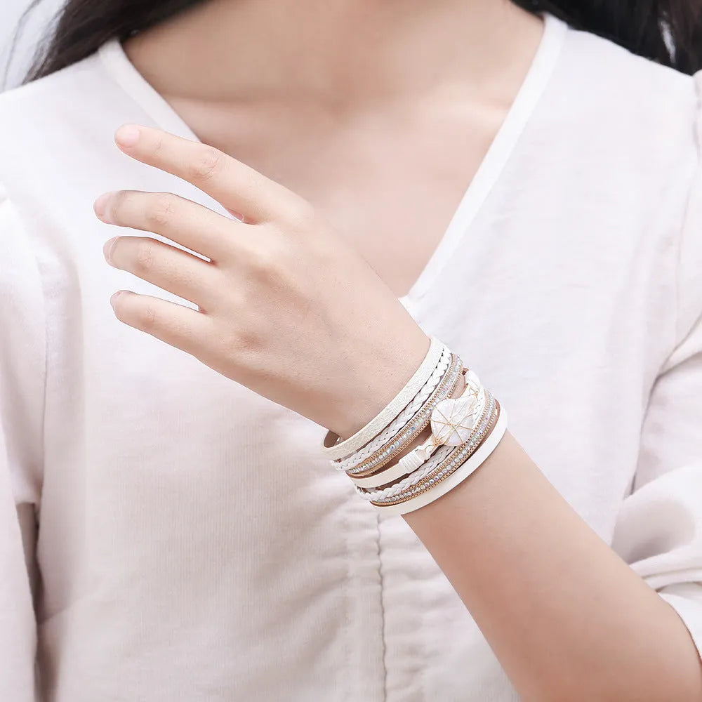 Original baroque freshwater pearl woven girls' bracelet in leather with geometric ingot centrepiece