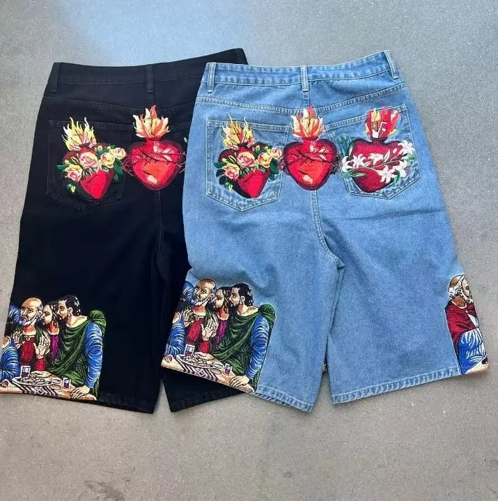 Blue men's cotton shorts with a Jesus graphic printed on the back pocket