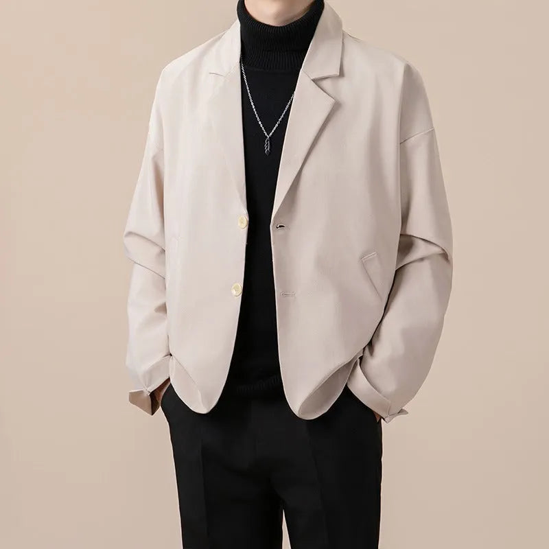 Men's loose fit casual suit jacket in chemical fibre blend fabric showing colour options