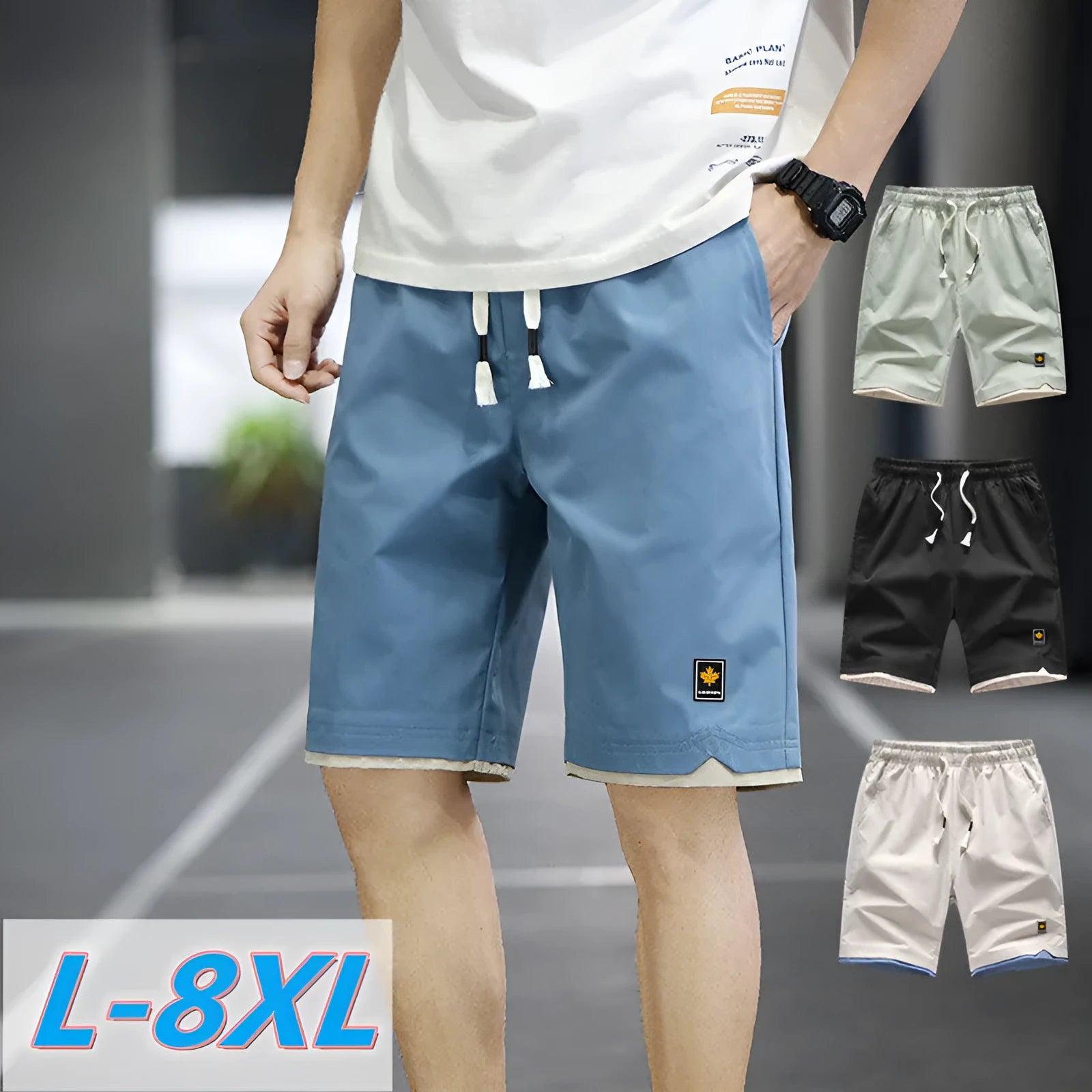 Men's loose-fit casual shorts in khaki colour with elastic waistband, shown on a neutral background.
