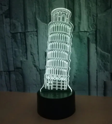 Leaning Tower of Pisa 3D acrylic nightlight glowing in blue on a black ABS base