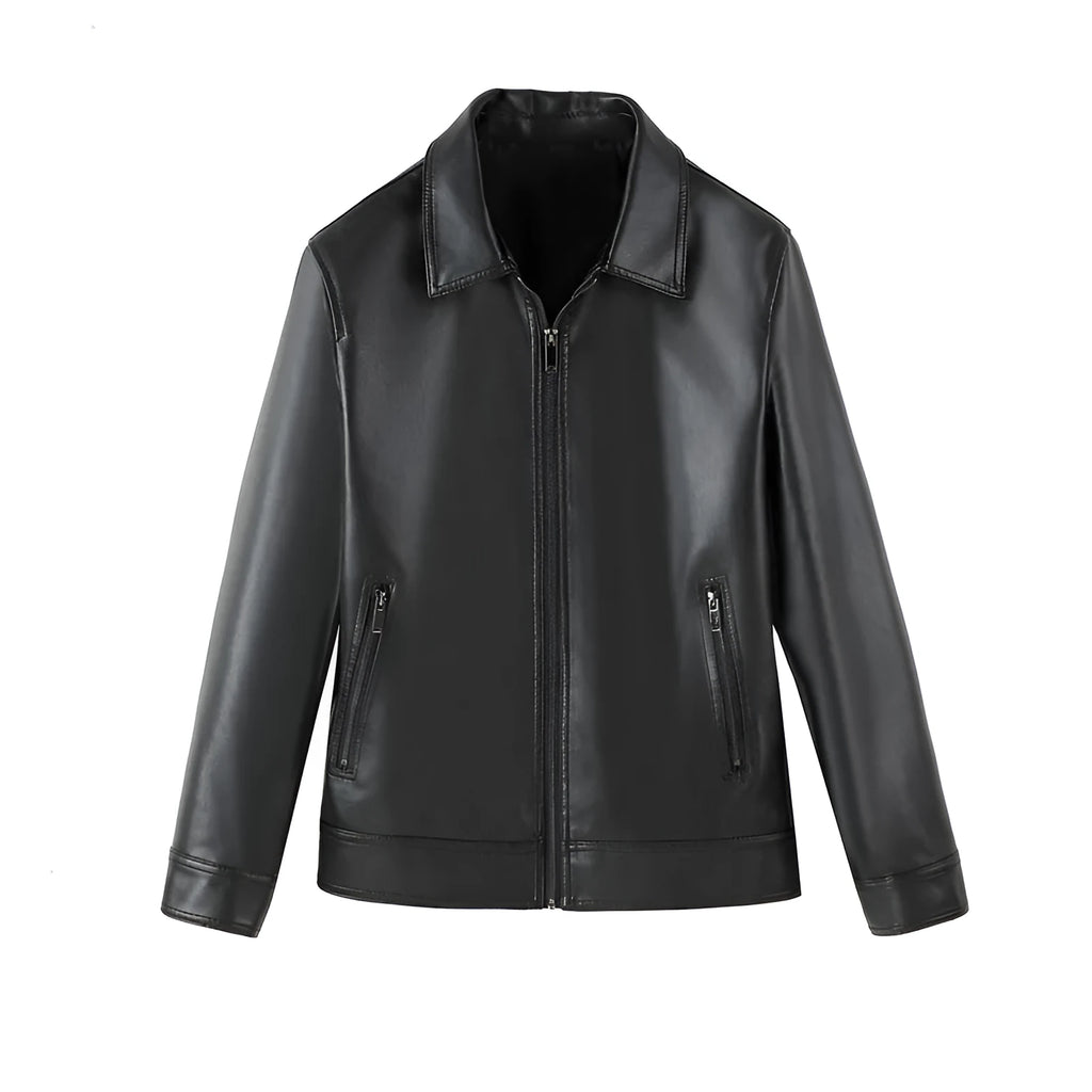 Men's black PU leather casual jacket with regular length and loose fit