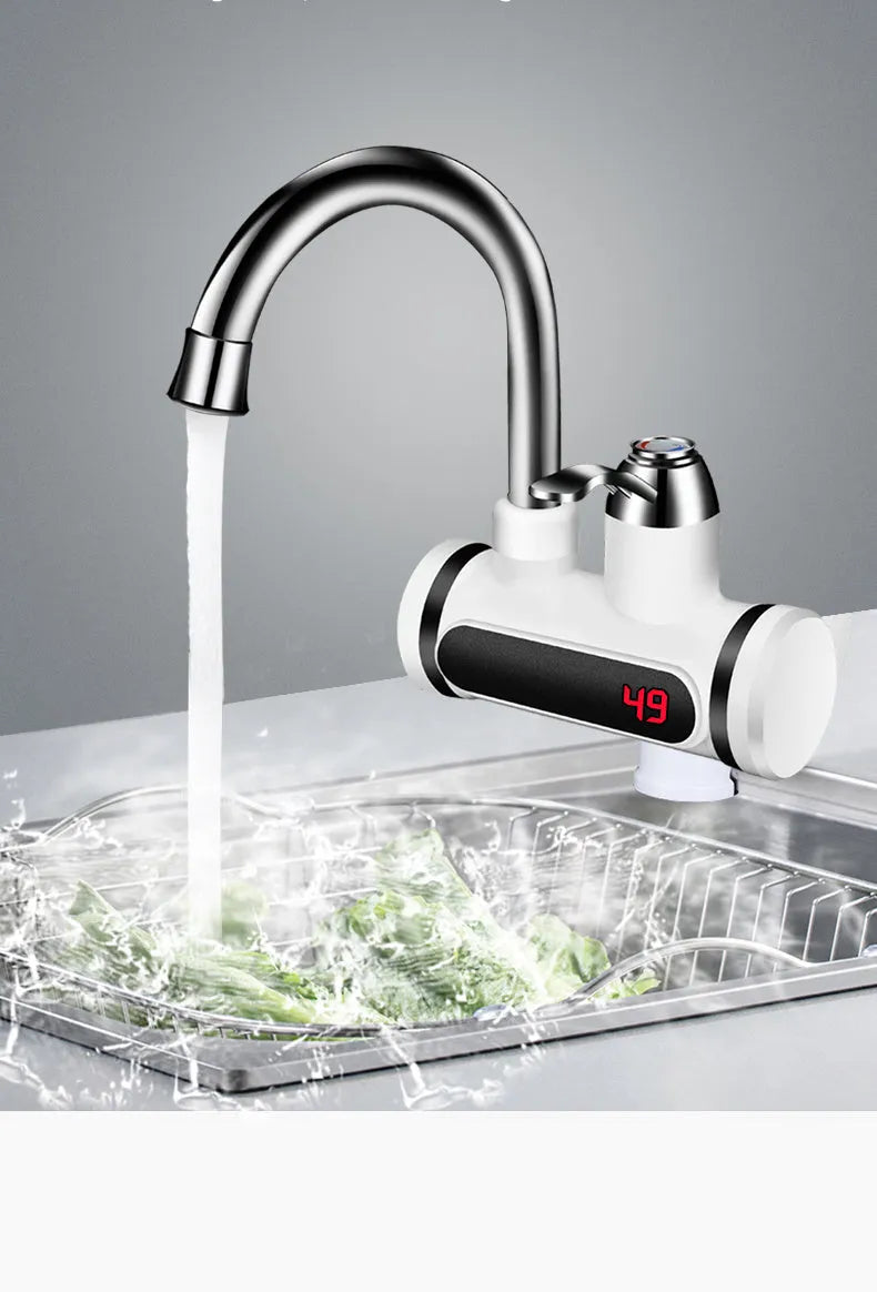 White electric instant water heater for kitchen taps with digital temperature display