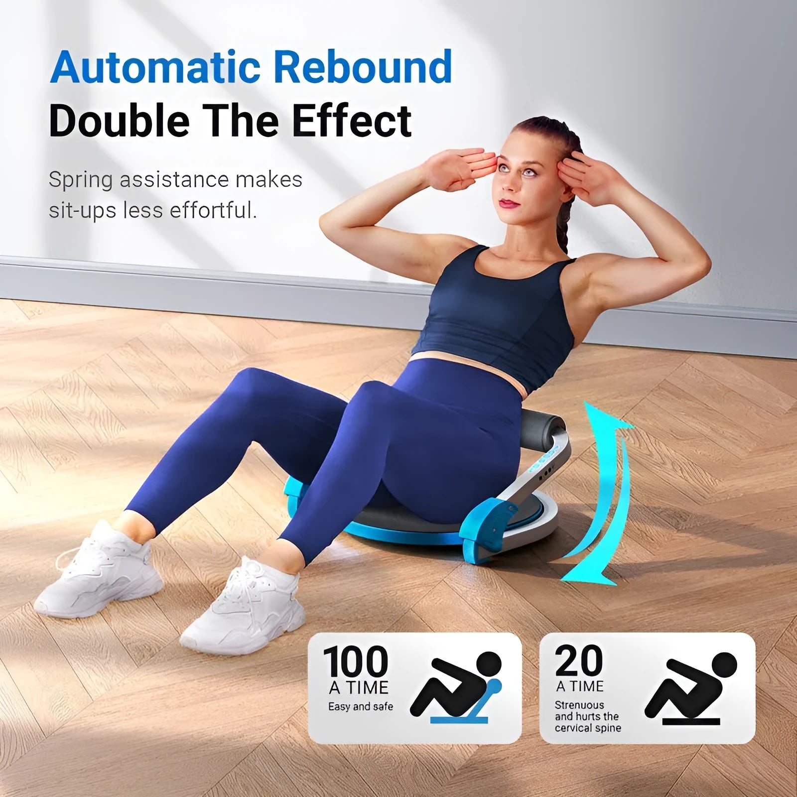 Mini abdominal trainer device in sky blue or red colours for home and office fitness