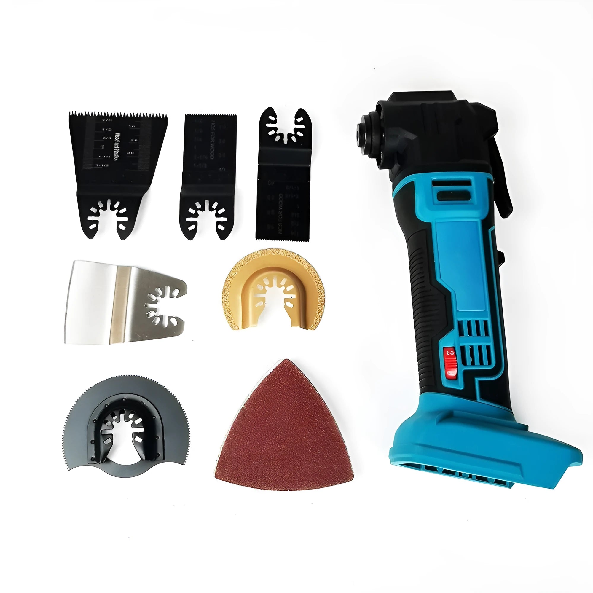 Rechargeable cordless grass trimmer with metal body and plastic accessory box.