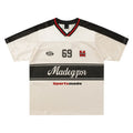 Apricot coloured loose-fit V-neck sports jersey top with short sleeves and a letters pattern.