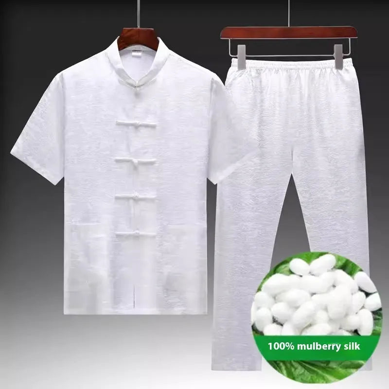 Men's traditional Chinese Tang suit in mulberry silk, available in light green, navy blue, and white.