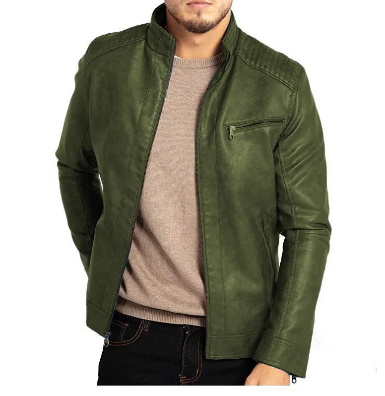 Men's punk-style artificial leather motorcycle jacket with stand collar in multiple colour options