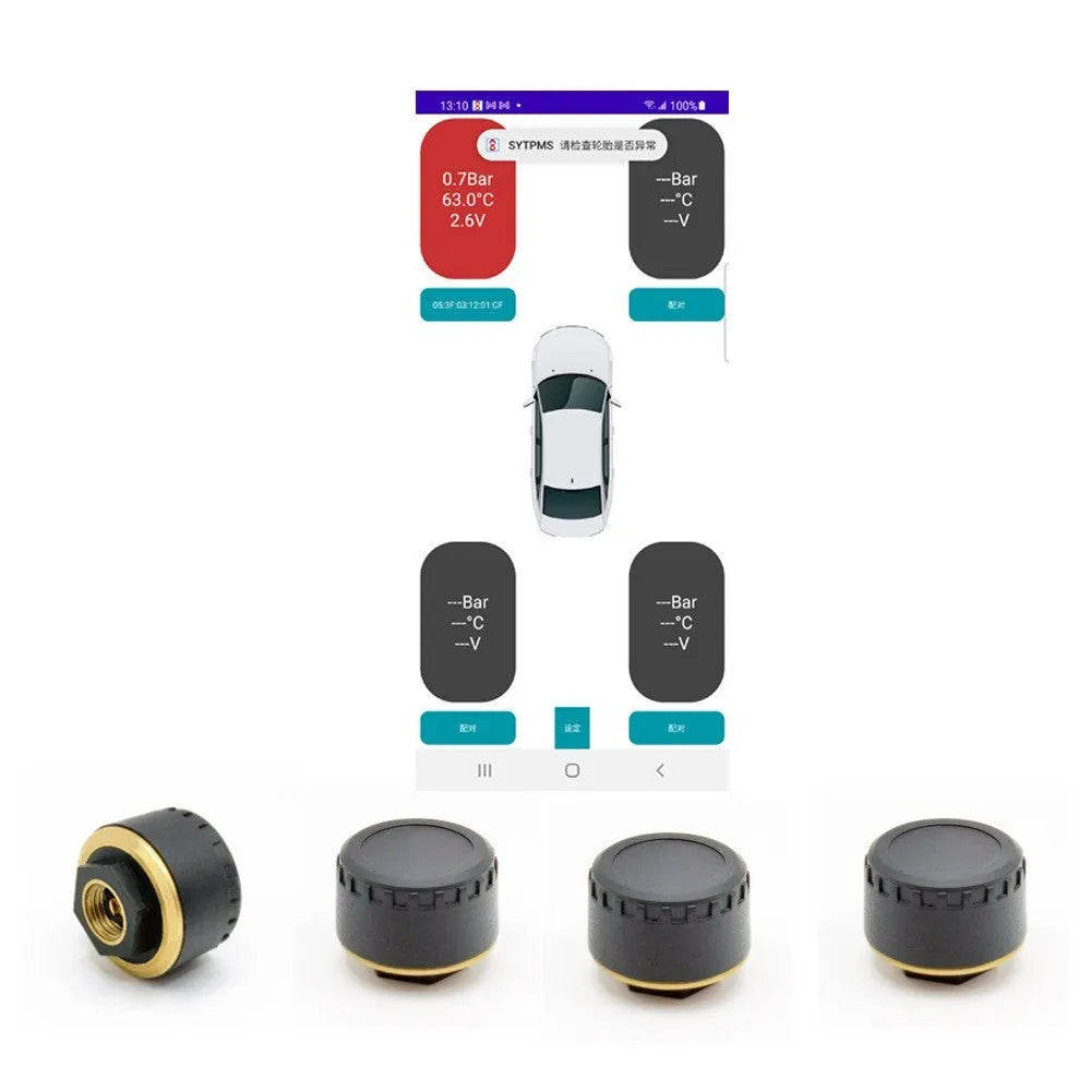 Car tyre pressure monitoring system with four Bluetooth sensors for mobile phone display