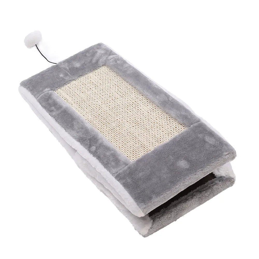 Grey and white triangular cat bed with sisal scratching surfaces, shown next to a light brown and beige version.