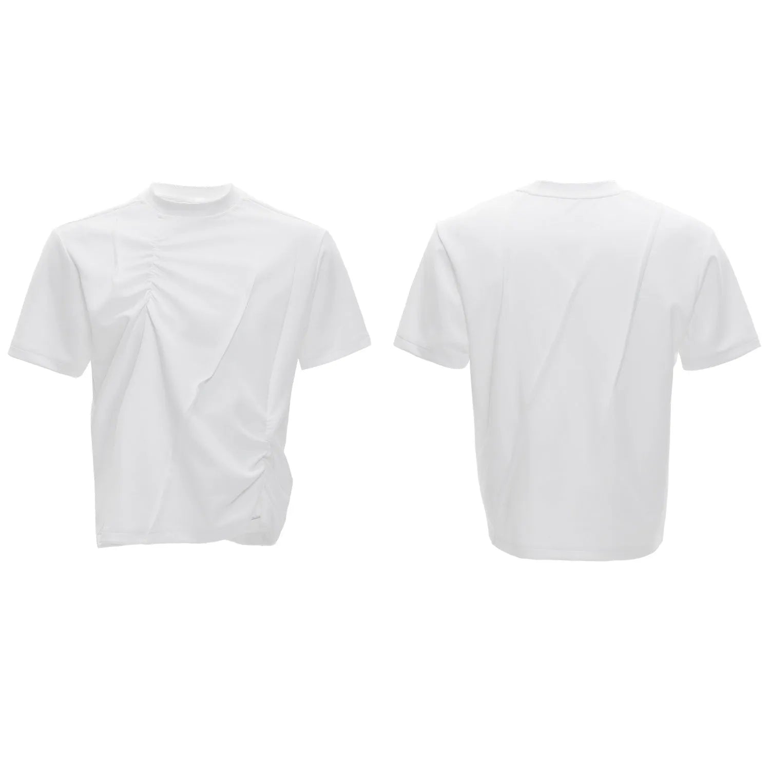 Man modelling a loose grey cotton T-shirt with a round neck and asymmetric stitching detail on the front.
