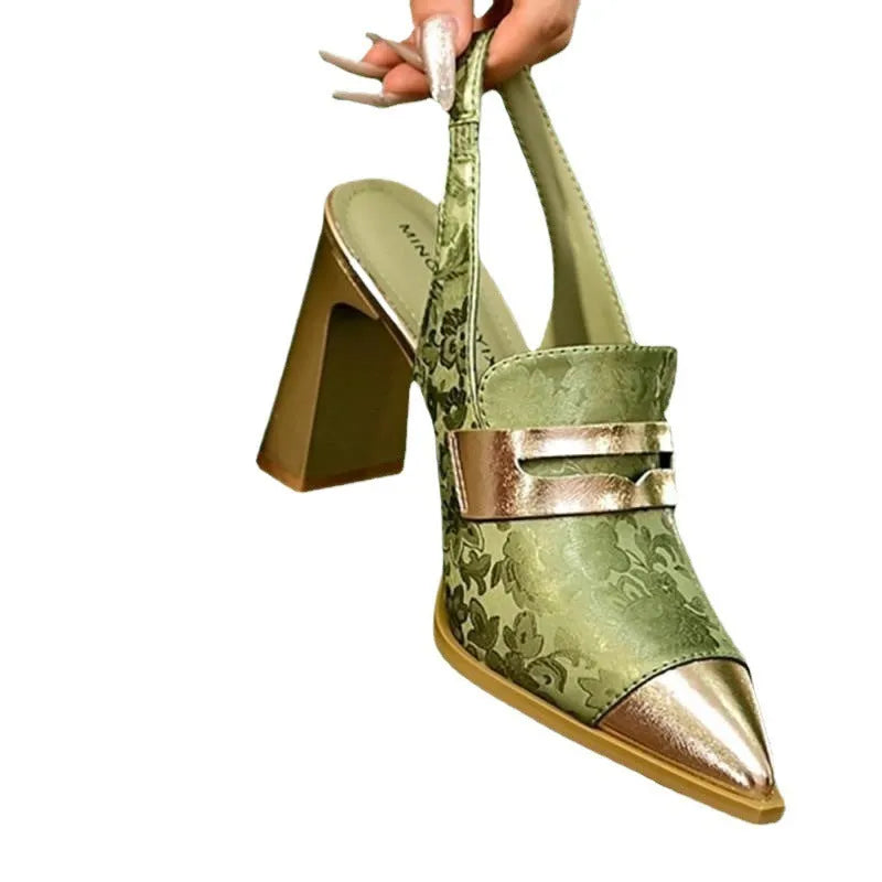 Korean style women's pointed-toe sandals with chunky heel and elastic ankle strap in black, champagne, or green