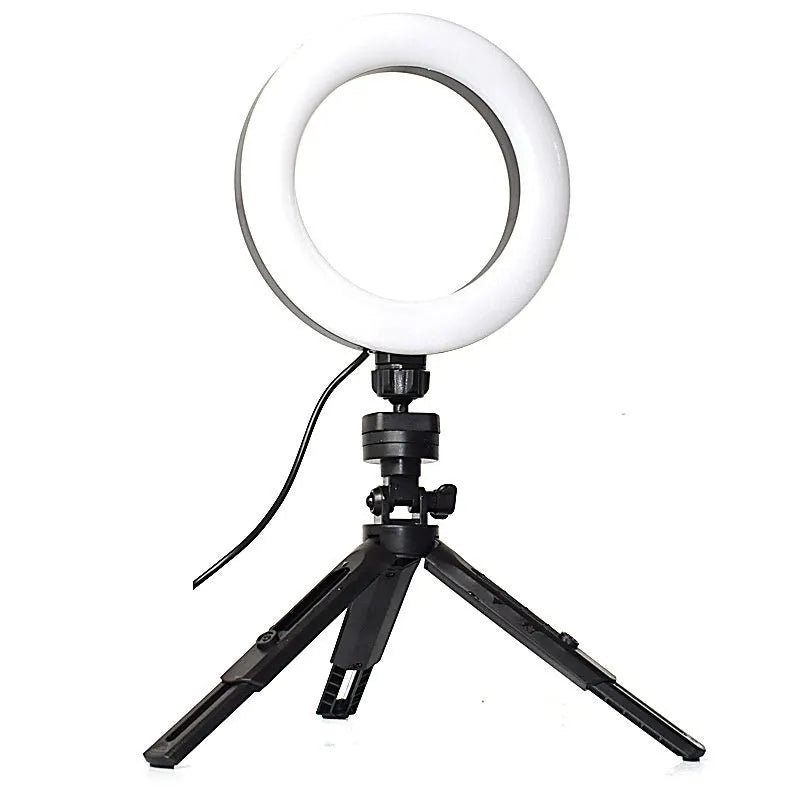 Mobile phone live streaming bracket with adjustable ring light on desktop tripod