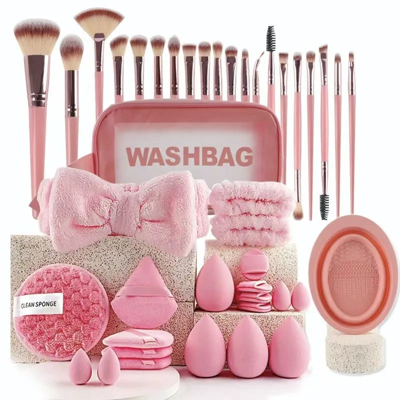 40-piece makeup brush set with hydrophilic non-latex bristles in brown, pink, and purple colour options