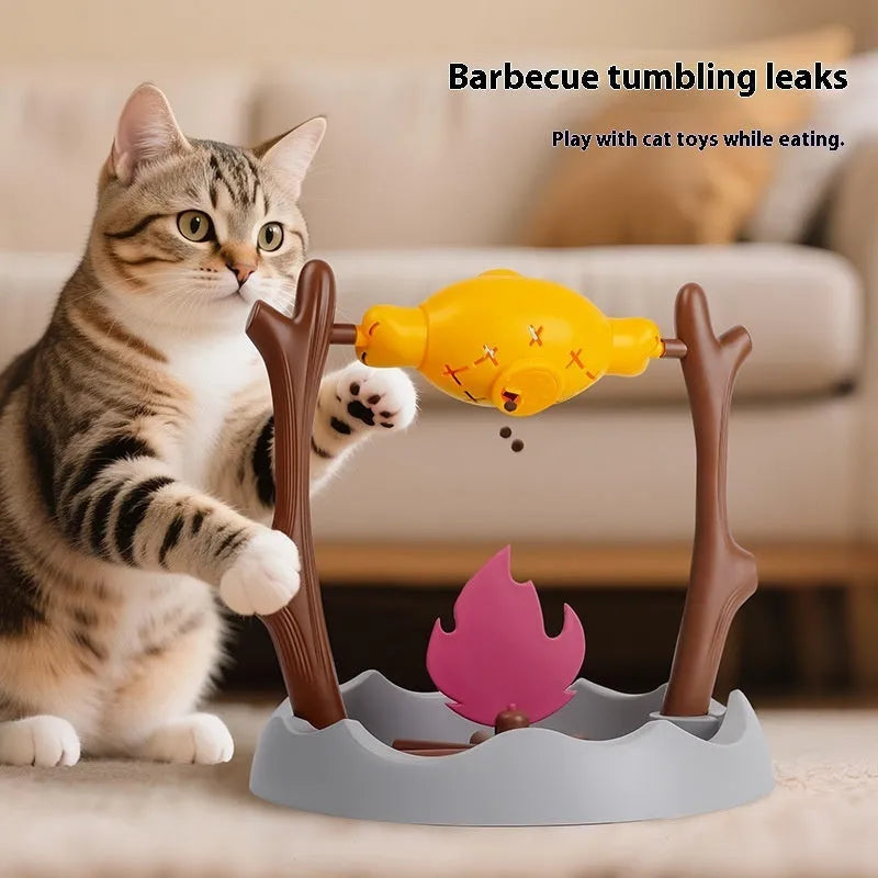 Tumbling cat food feeder toy with barbecue style design measuring 30cm